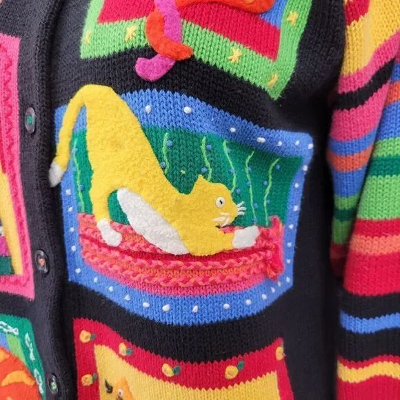 Susan Bristol Colorful Cat Pattern Women's Sweater Cardigan Y2K Patchwork - Picture 6 of 14